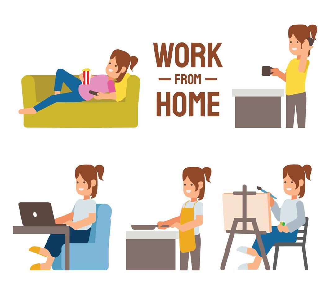 Women work from home set vector flat illustration