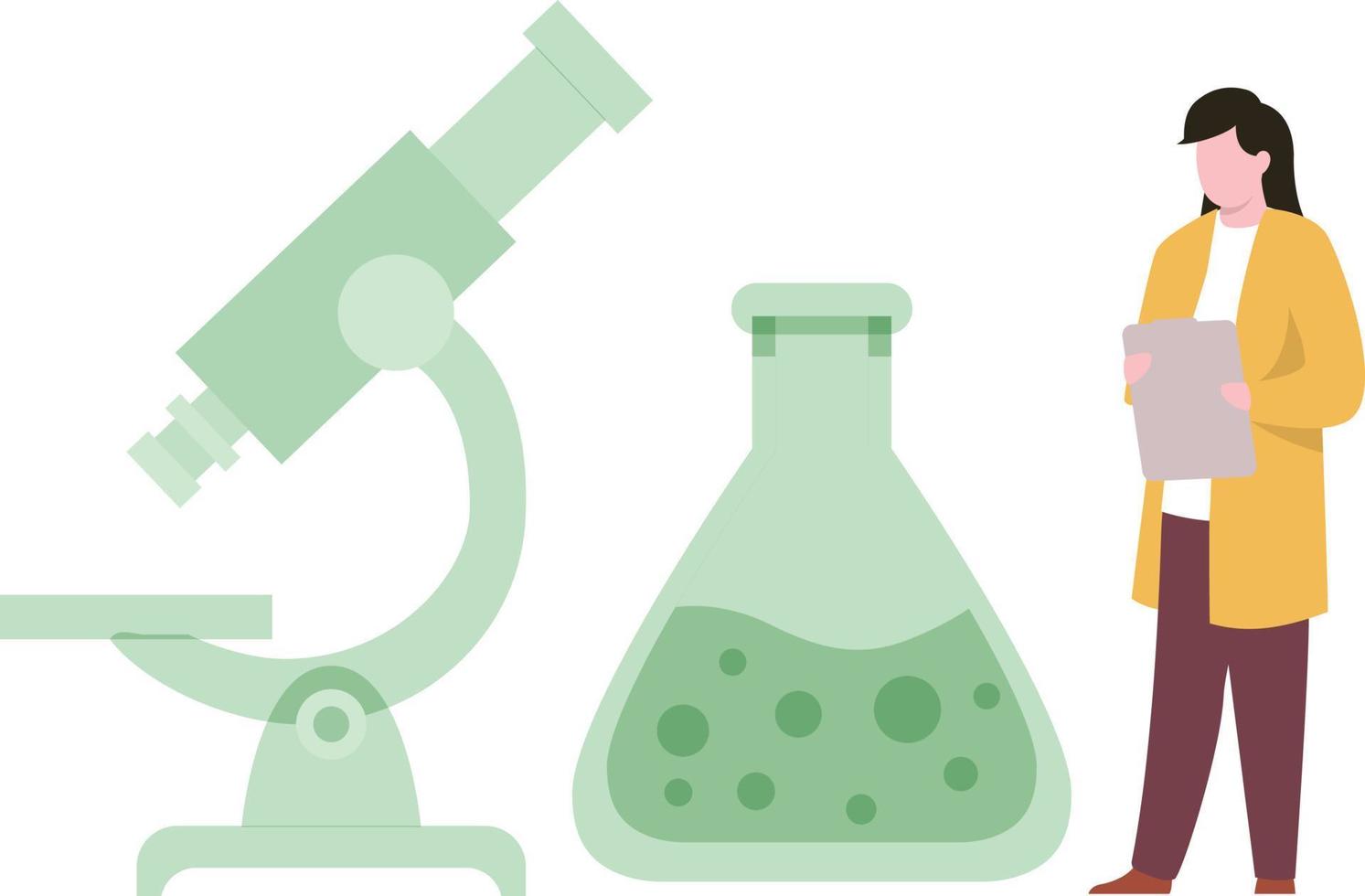 la niña está parada junto al microscopio y el vaso de precipitados. vector