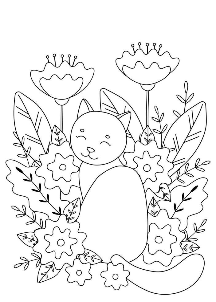 Cute coloring book with cat in flowers. Simple shapes, outline for children and adults. Vector illustration with editable stroke.