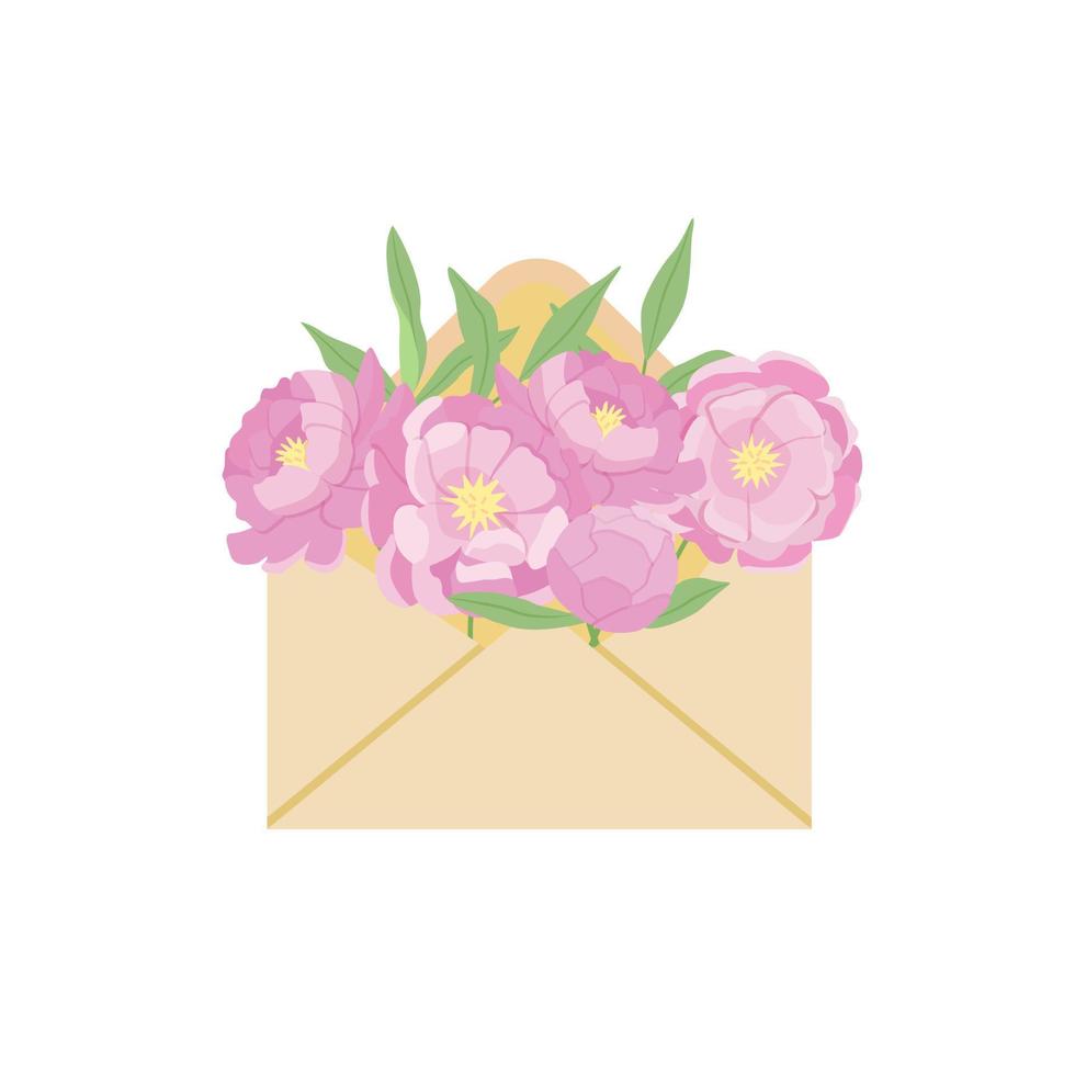 A bouquet of pink flowers inside the envelope vector