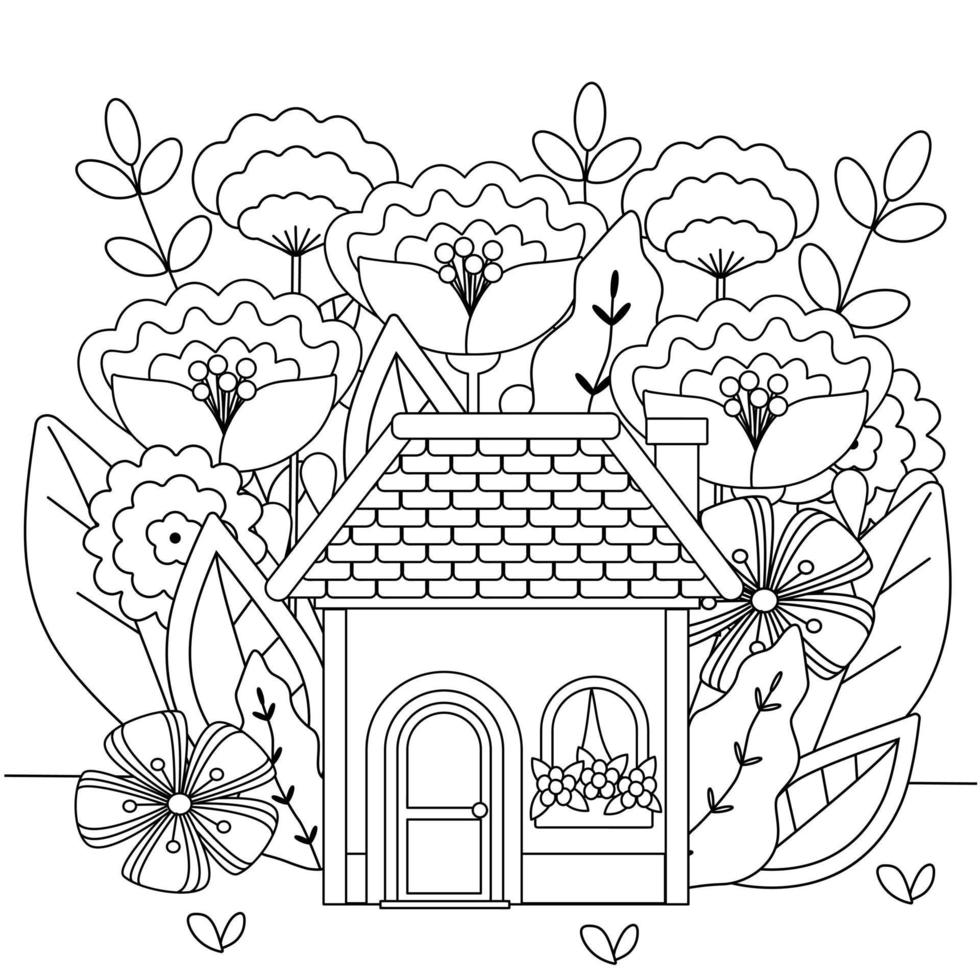 lindo libro para colorear para niños con casa y flores grandes. contorno negro de un dibujo simple sobre un fondo blanco. vector