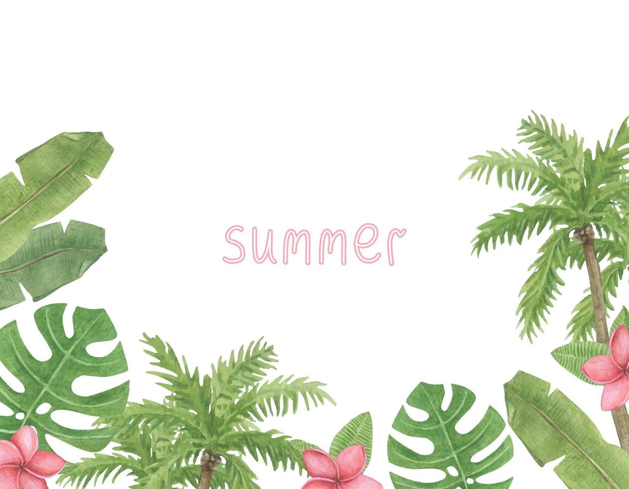 Summer watercolor frame with tropical leaves. Template with copy space. vector