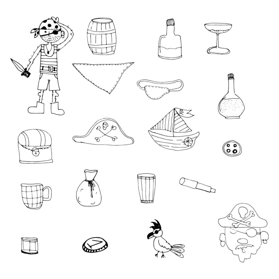Vector set of hand drawn sea pirate doodles.