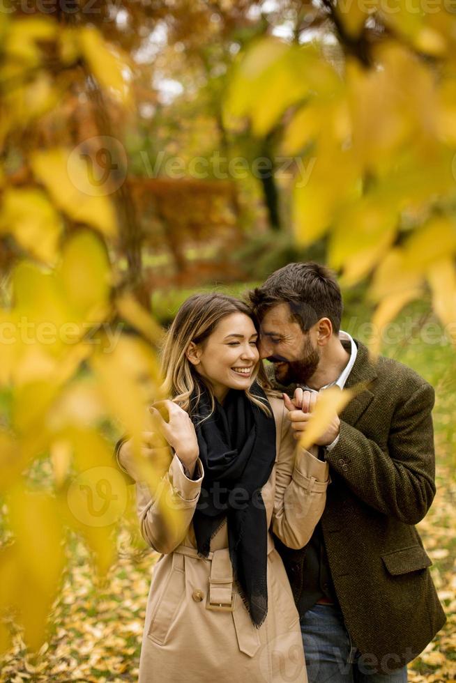 Young couple in the autumn park photo