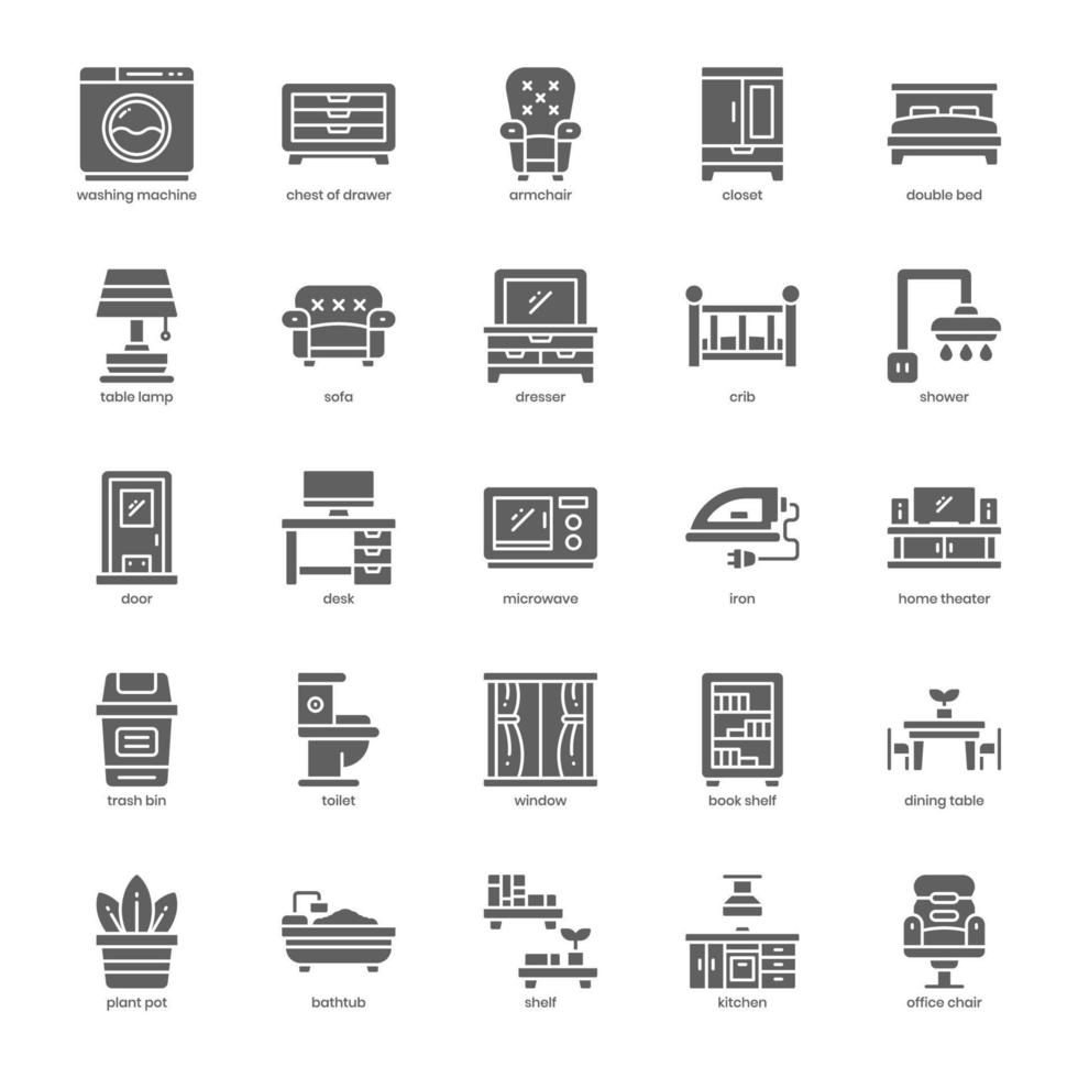 paquete de iconos de muebles para el diseño de su sitio web, logotipo, aplicación, ui. diseño de glifo de icono de muebles. ilustración de gráficos vectoriales y trazo editable. vector