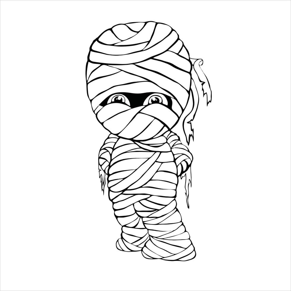 Print Cute little boy mummy cartoon waving hand vector image, mummy illustration , coloring book page for kids.