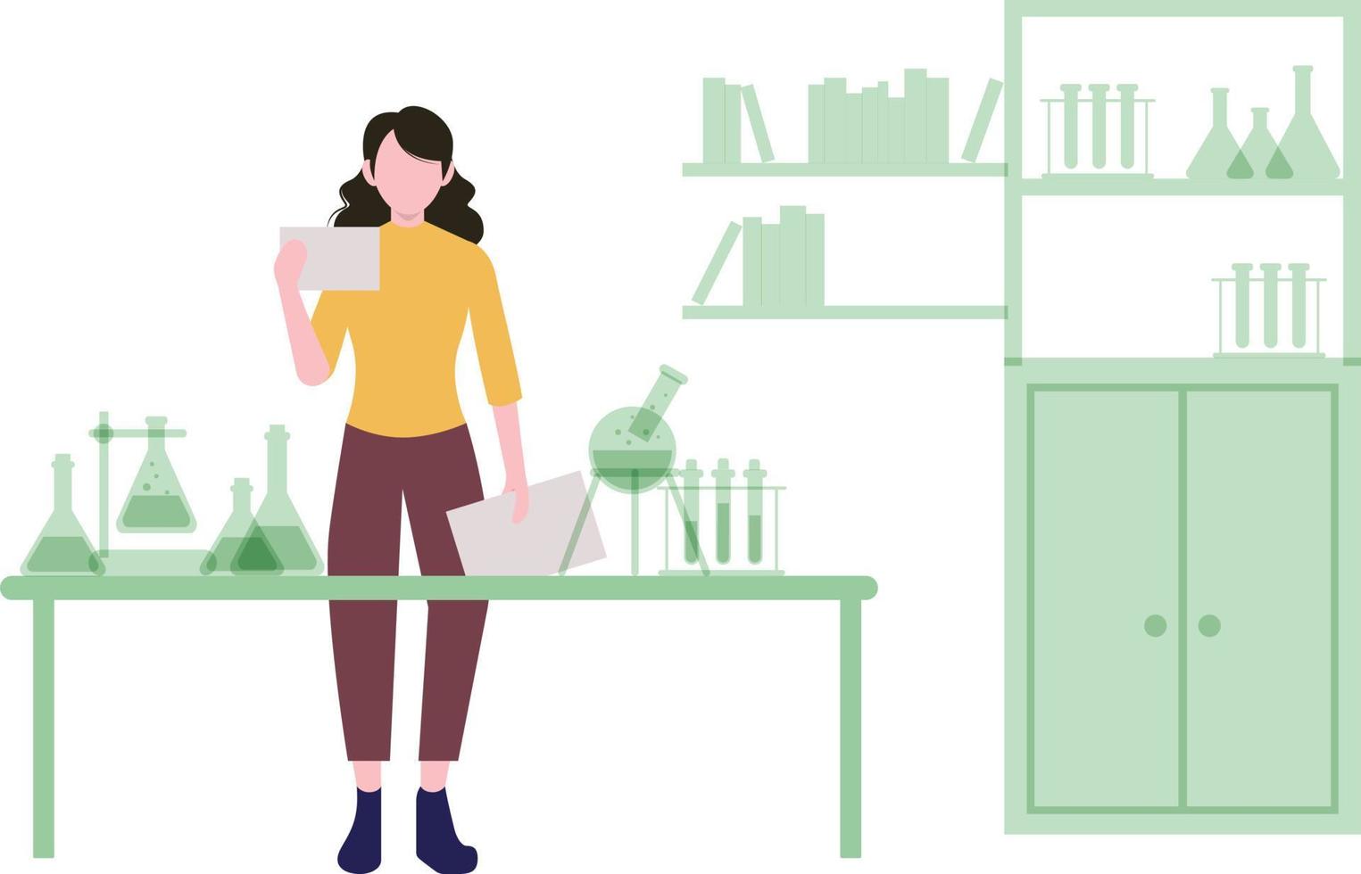 The girl stands in the science lab with the results. vector