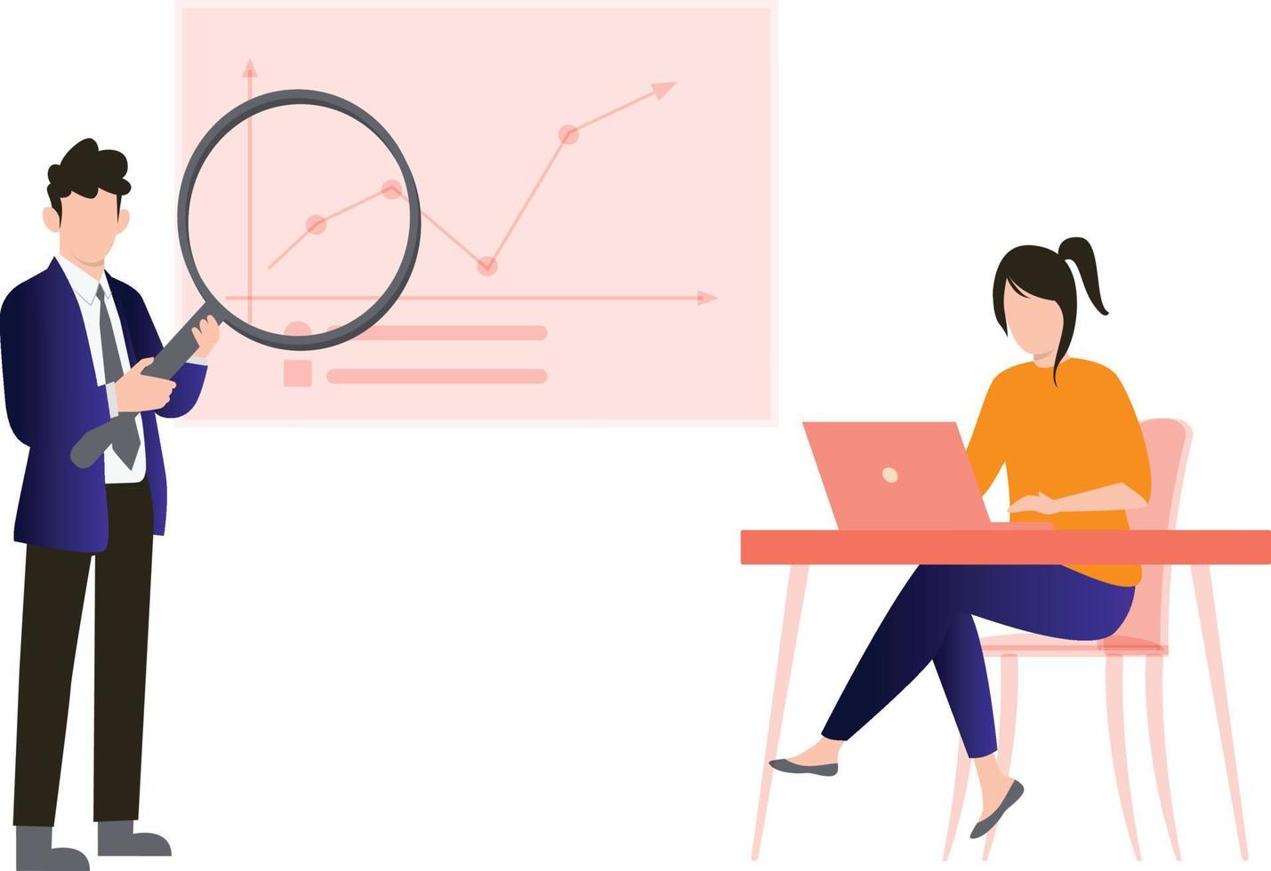 The boy is looking at the analytical chart and the girl is working on her laptop. vector
