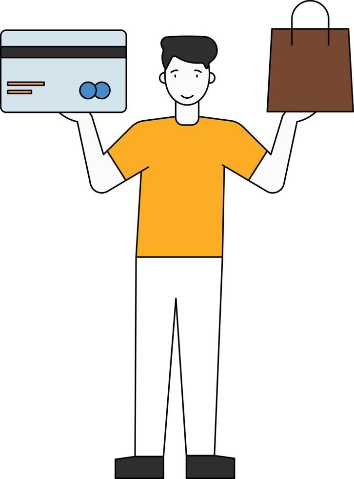 The boy is shopping and paying with a card. vector