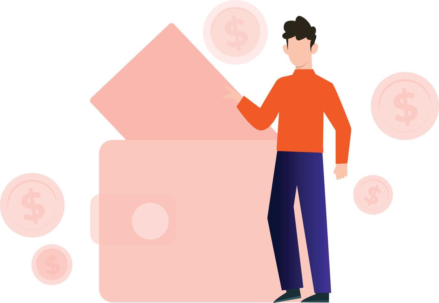 The boy is standing by the purse. vector
