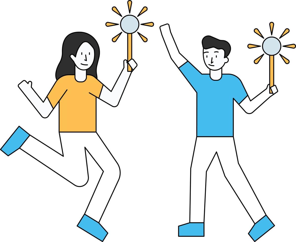 Boy and girl are setting off fireworks for Diwali. vector