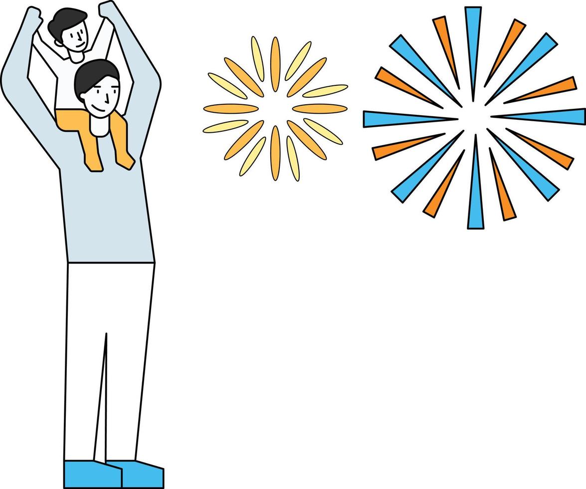 The boy with the child watches the Diwali fireworks. vector