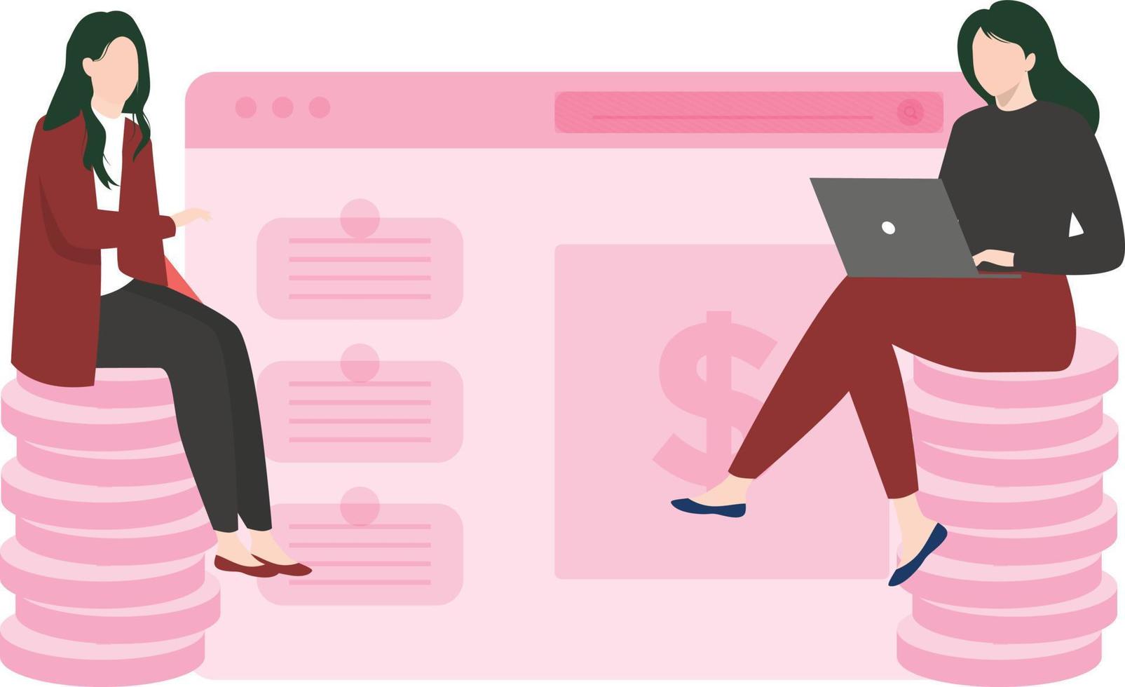 las chicas están trabajando en la página web del dólar. vector