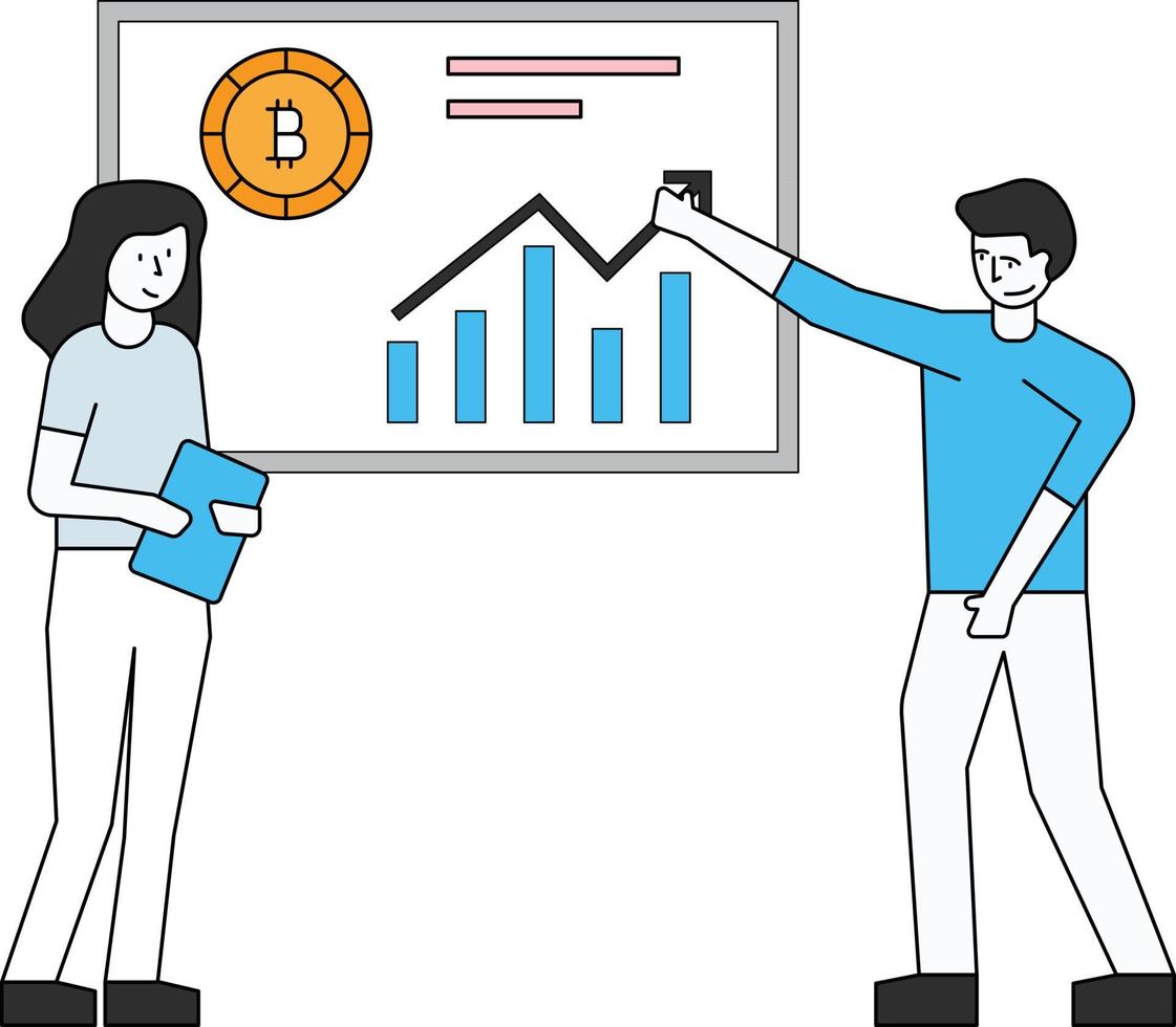 Boy and girl working on bitcoin bar graph. vector