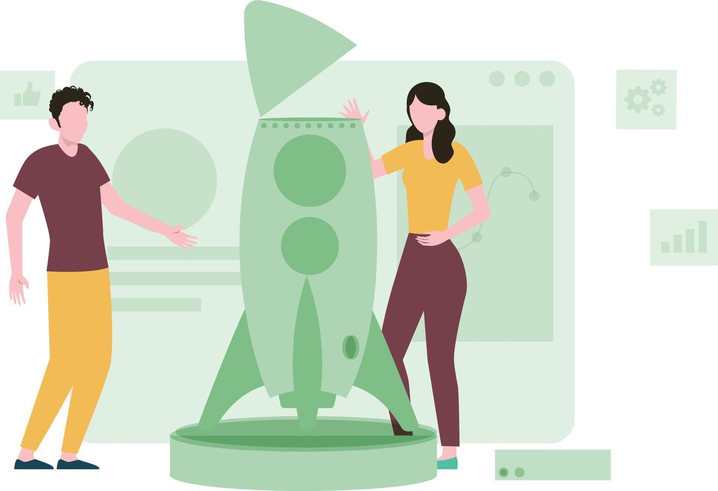 Boy and girl are working on rocket science. vector