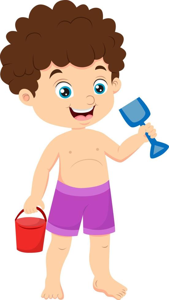 Cartoon little boy holding bucket and scoop vector