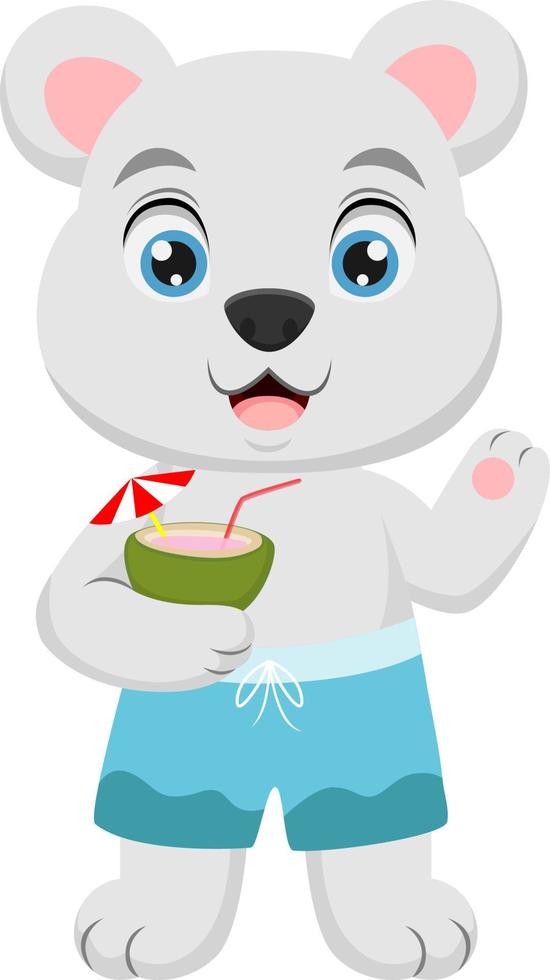 lindo oso de dibujos animados con beber agua de coco vector