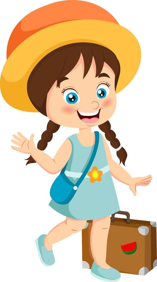 lindo, niña, caricatura, con, maleta vector