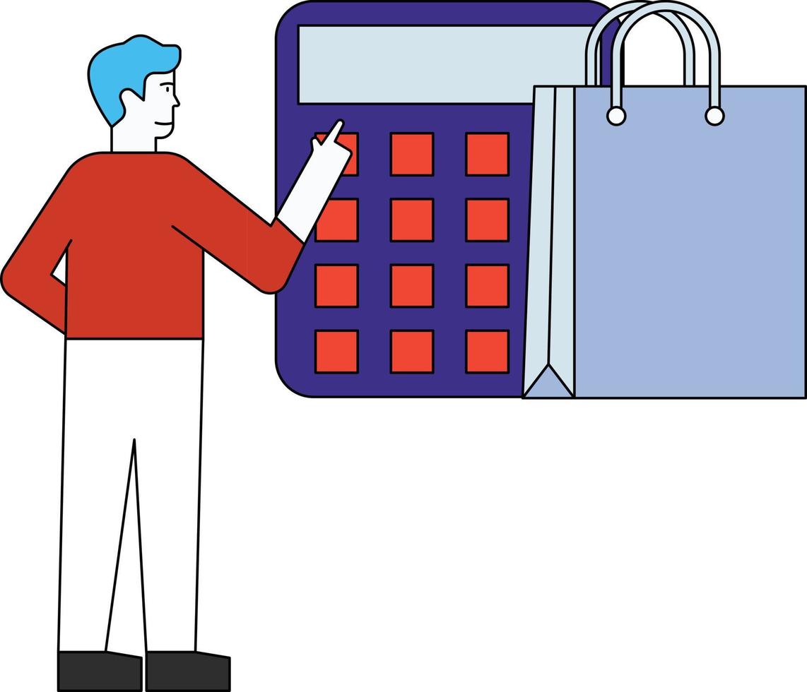 The boy calculates the purchase amount. vector
