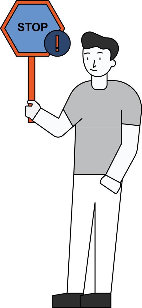 The boy is standing with a stop board in his hand. vector