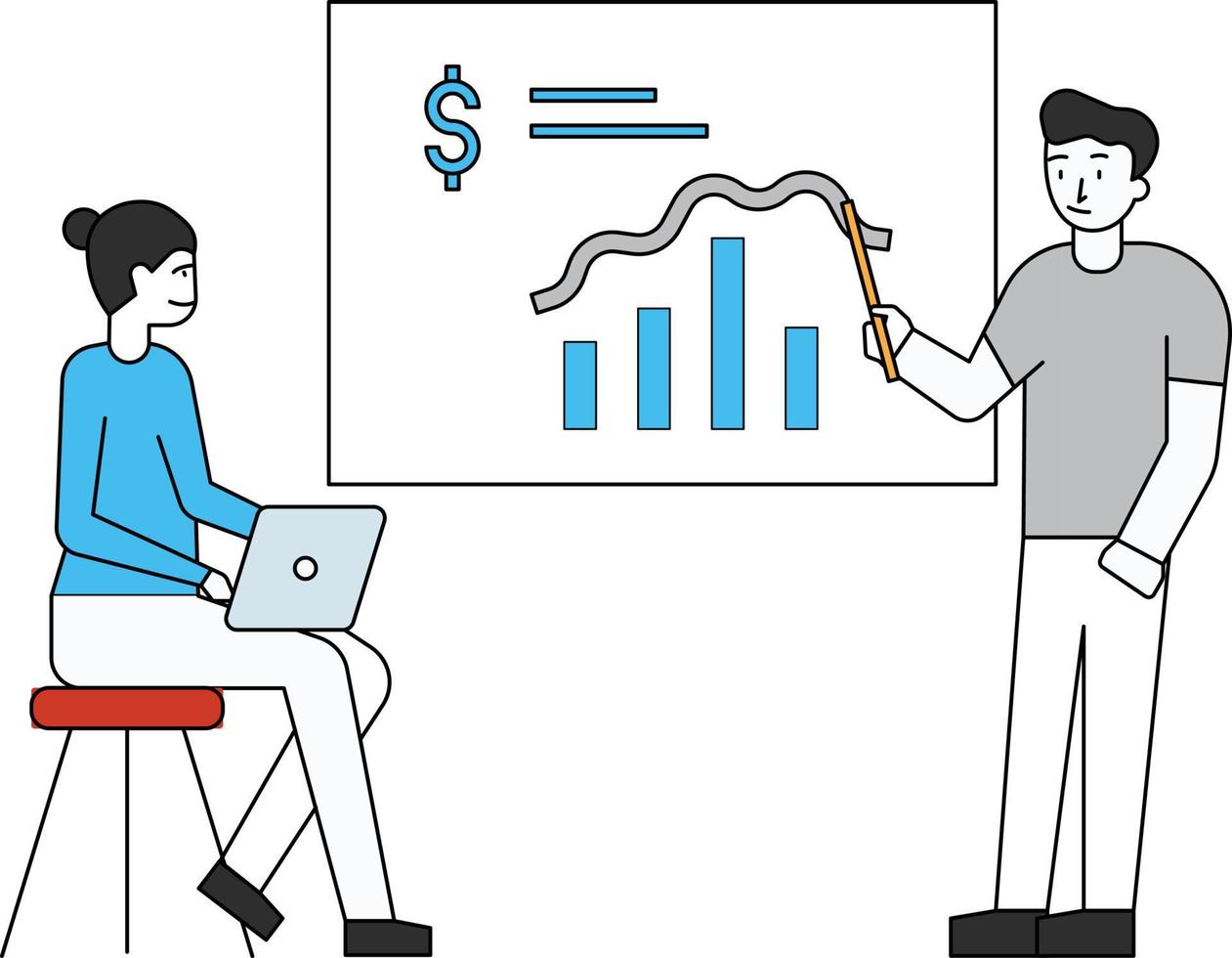 Boy and girl working on the dollar bar graph. vector