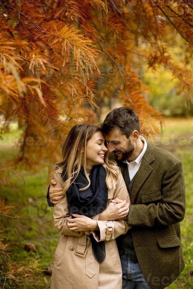Young couple in the autumn park photo