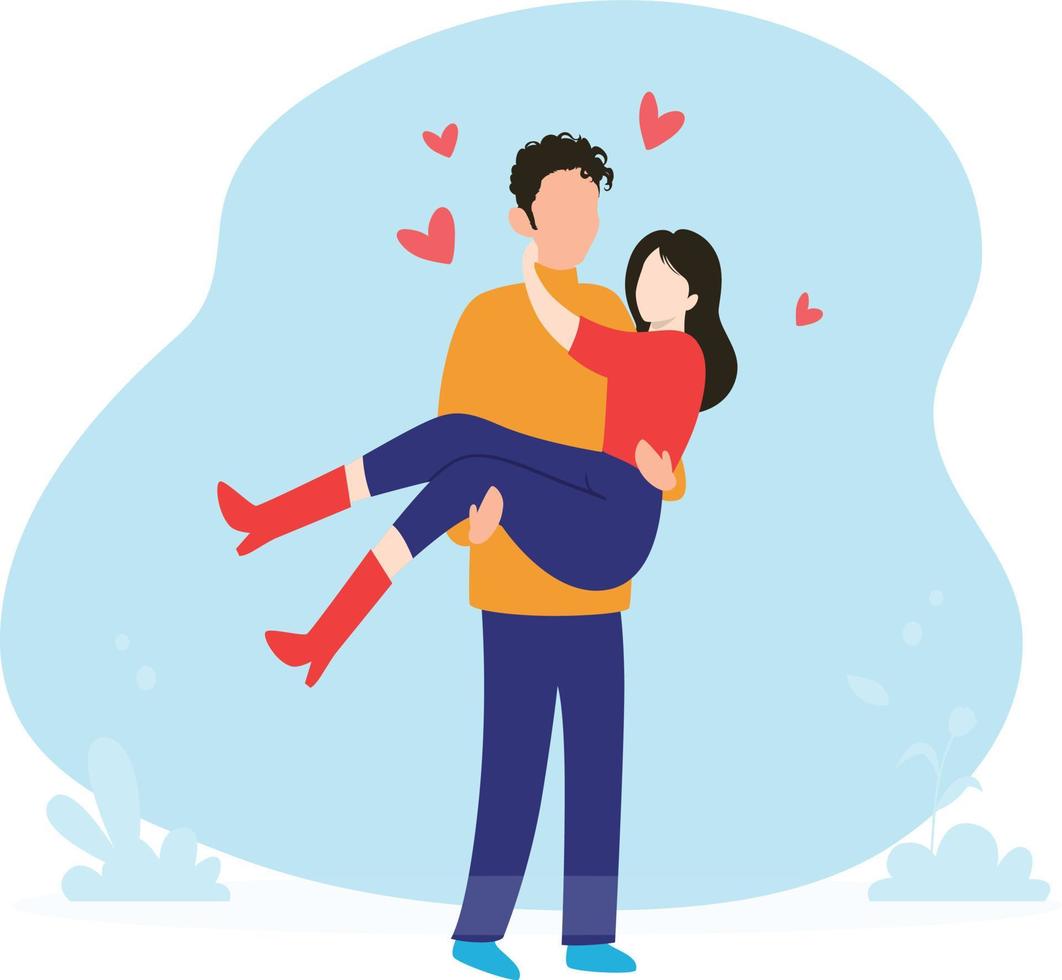 The boy is holding the girl in his arms. vector