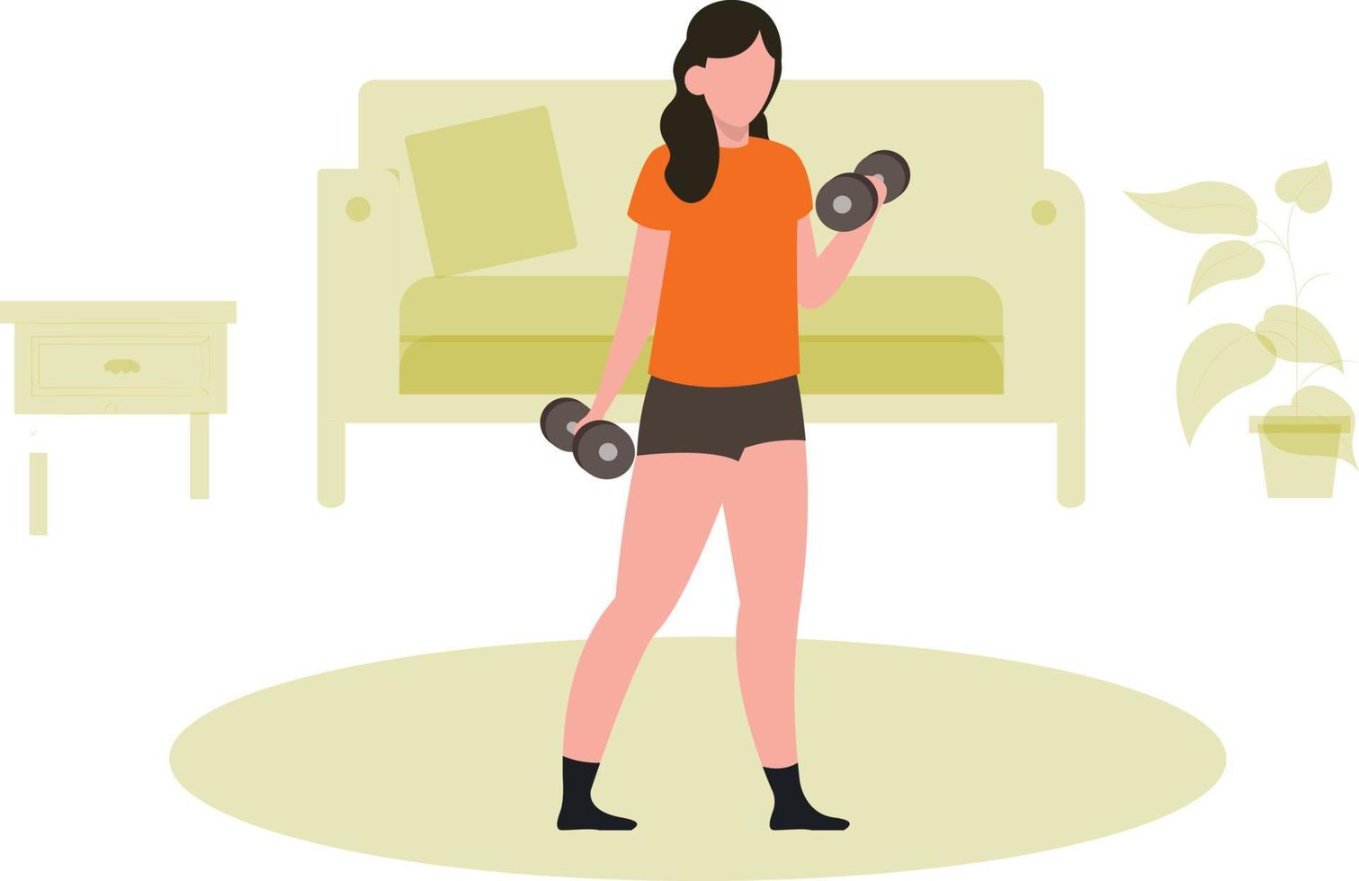 The girl is exercising with dumbbells. vector