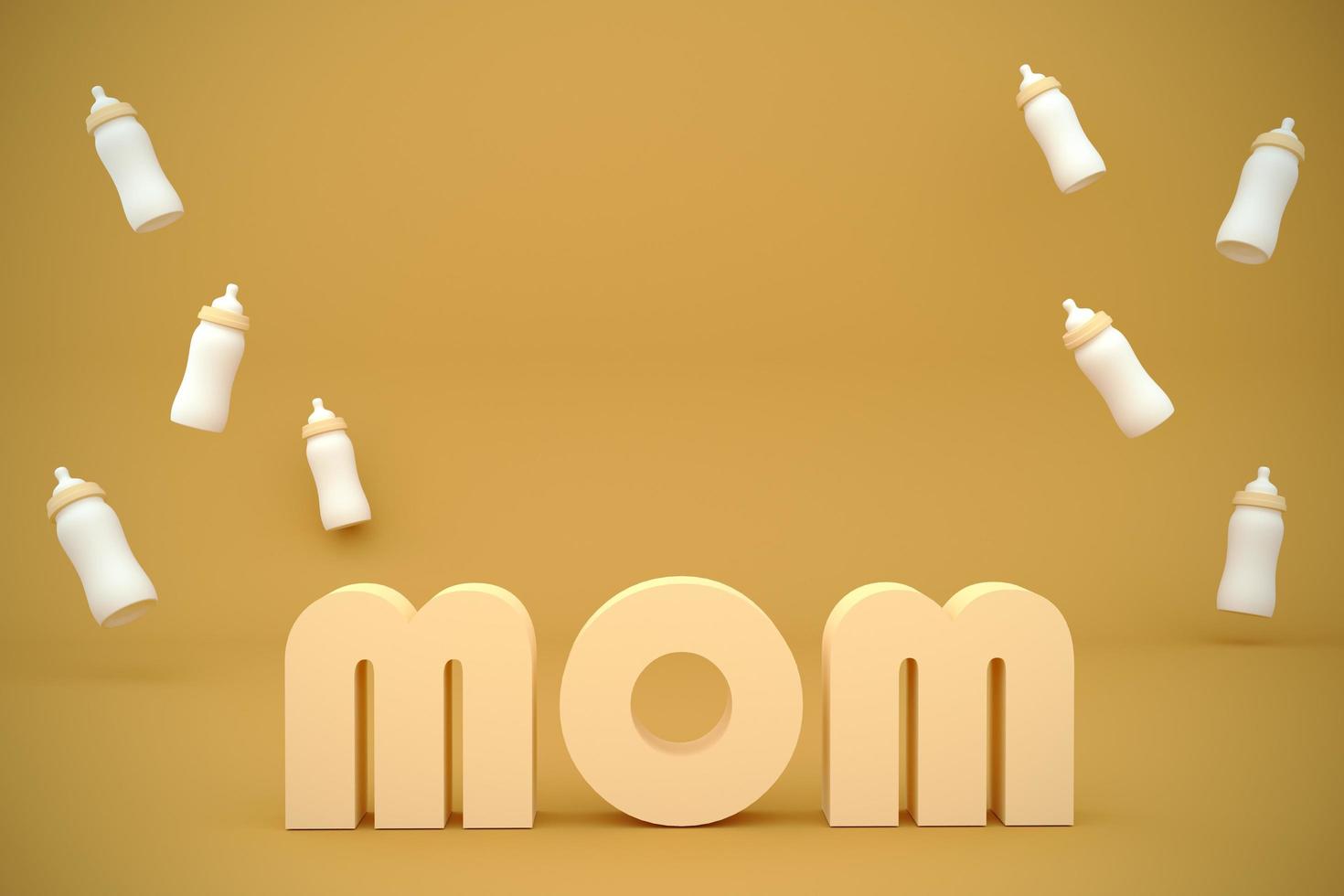 feliz día de la madre fondo 3d renderizado concepto de ilustración mamá y biberón. foto