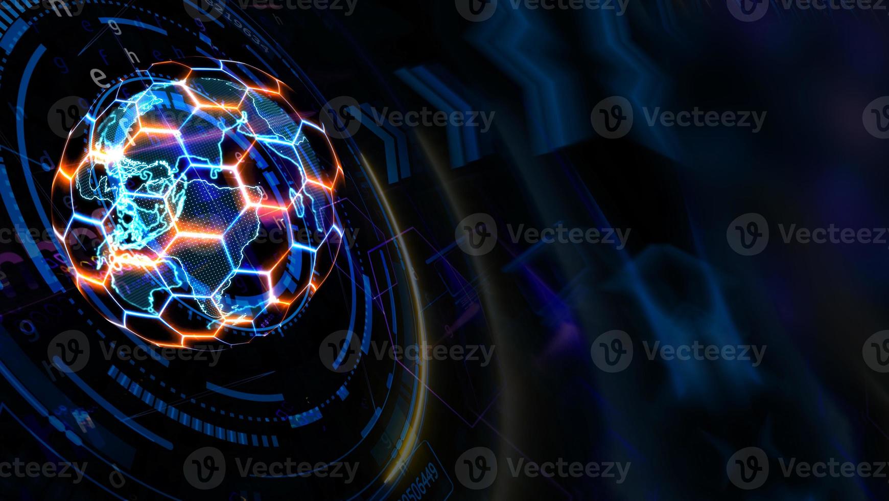 Quantum computer futuristic technology with digital hexagon and red blue laser photo