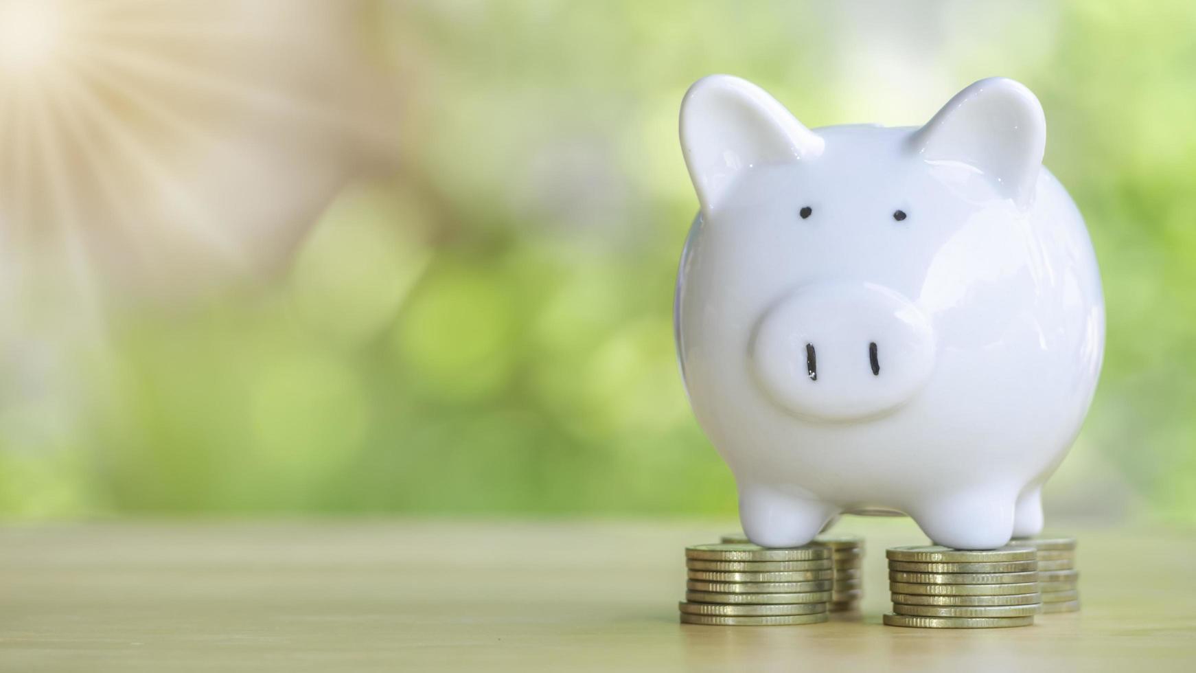 White piggy bank on gold coins stack 4 rows placed on a wooden table to save money invest for future. Concept for loan, property ladder, financial, real estate investment, taxes and bonus. photo