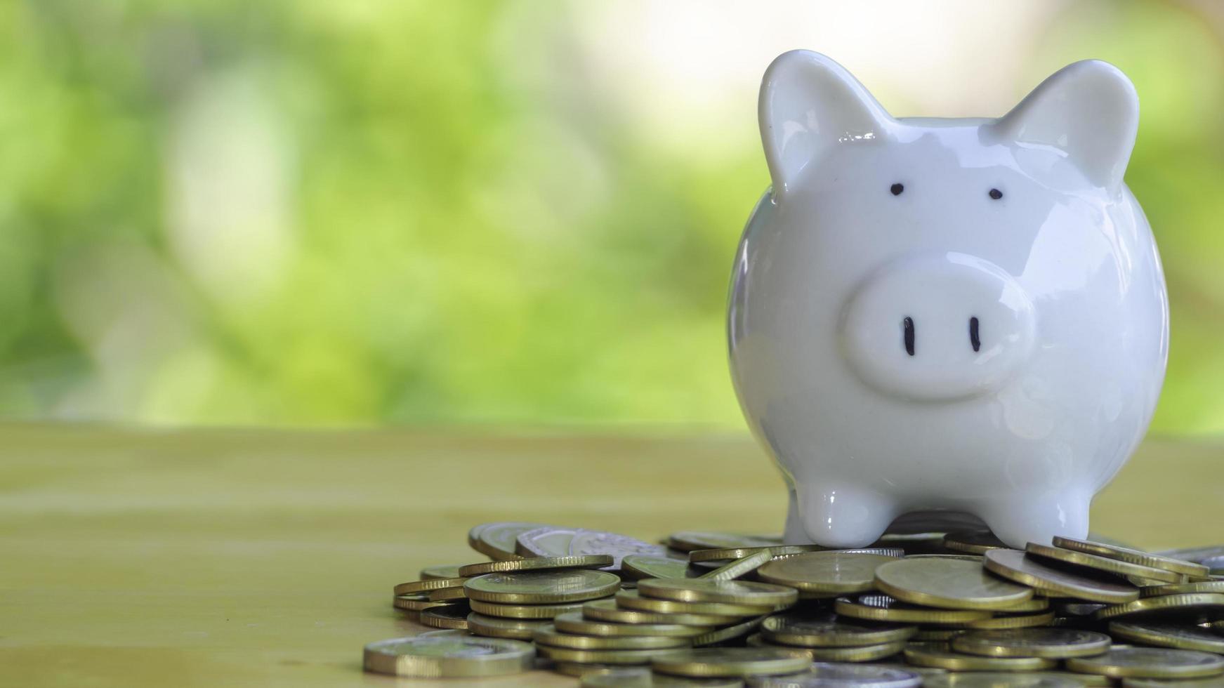 White piggy bank on gold coins stack 4 rows placed on a wooden table to save money invest for future. Concept for loan, property ladder, financial, real estate investment, taxes and bonus. photo