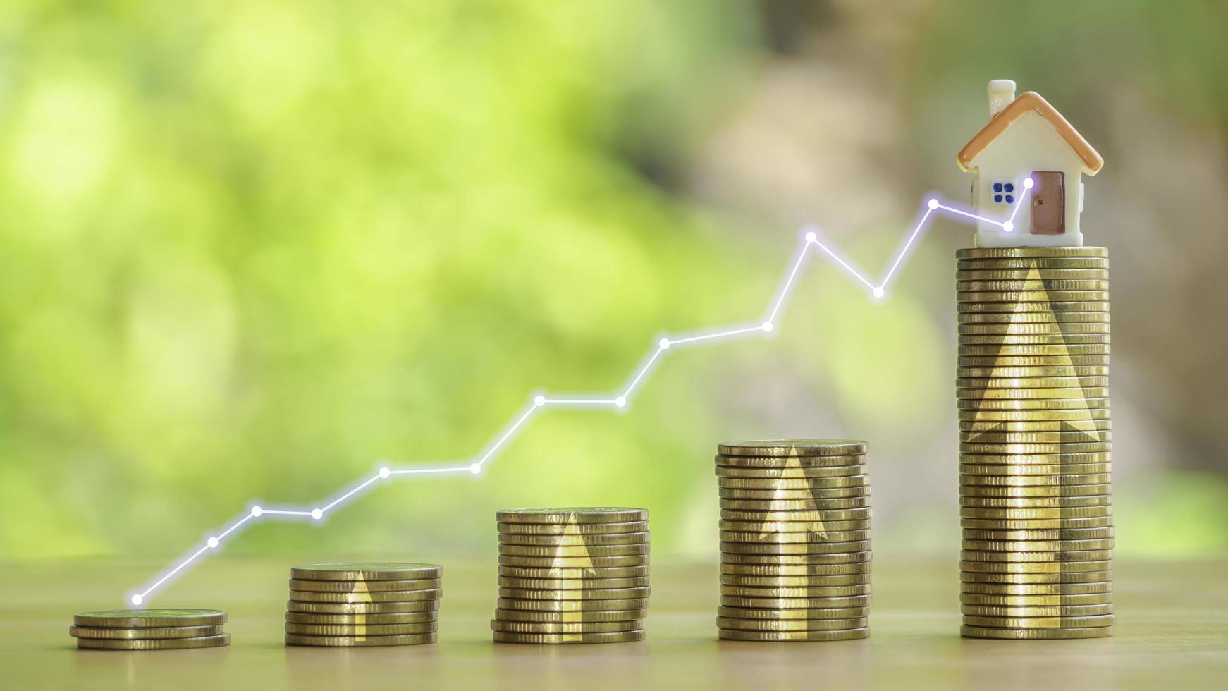 Coins stack 4 rows of gold coins and a white piggy bank placed on a wooden table to save money invest for future. Concept for loan, property ladder, financial, real estate investment, taxes and bonus. photo