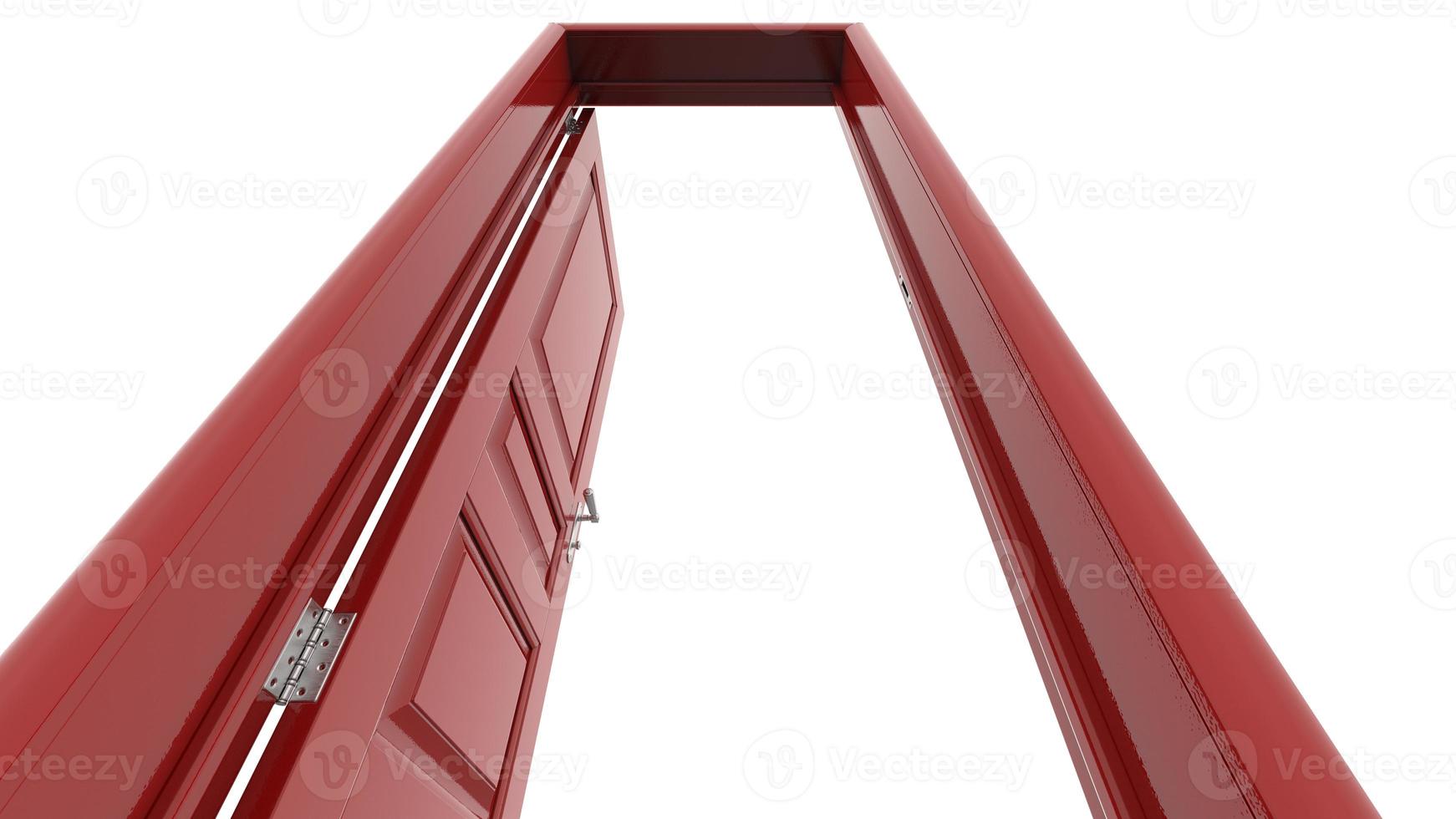 Creative illustration red door of open, closed door, entrance realistic doorway isolated on background 3d photo
