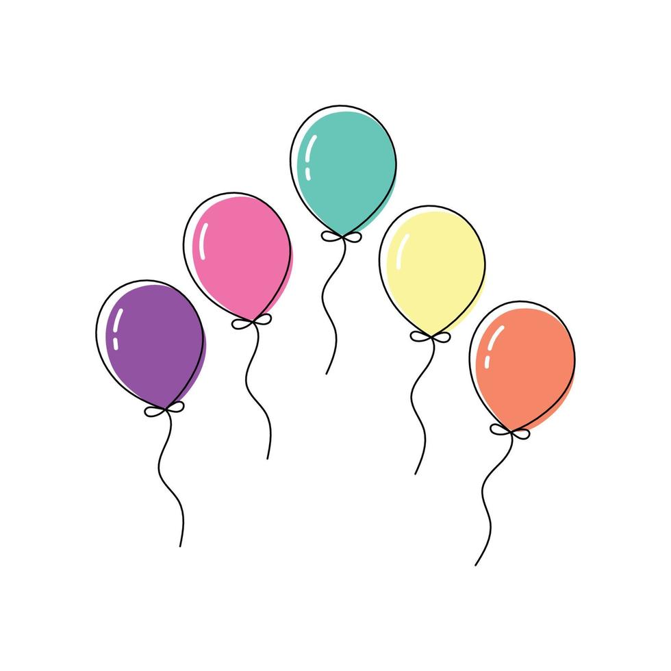 Continuous line drawing. Set balloon in celebration party isolated on white background for Birthday design. Vector illustration