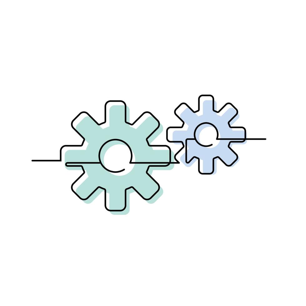 Continuous line drawing. Gears minimalist on white background. Vector illustration