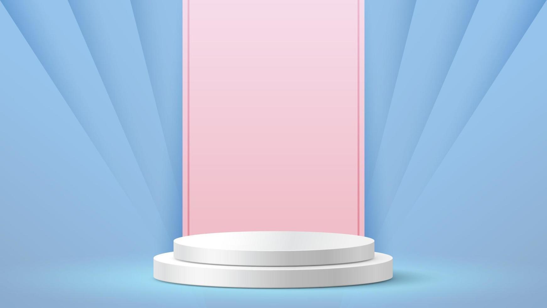 White podium with blue and pink empty room. Pastel room minimal scene. Empty space for product display presentation. 3d vector illustration.