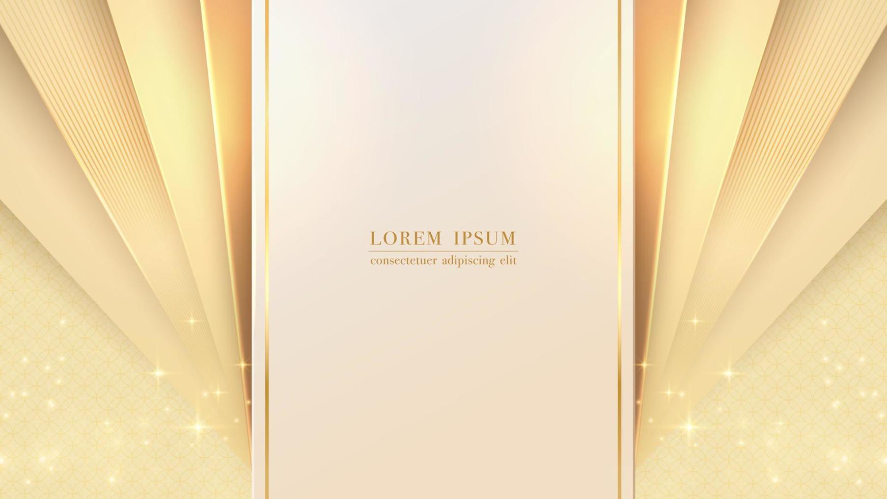 Geometric shapes with textured layers, golden lines and light shiny abstract background. Vector illustration