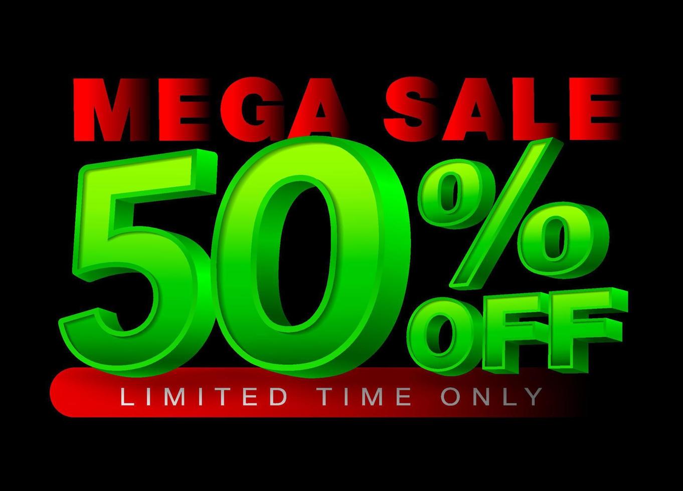 Mega sale Special Offer 3D Template Fifty Percent. Sale, Discount. Metal, Green Glossy Numbers. Isolated On Black Background. EPS file. vector