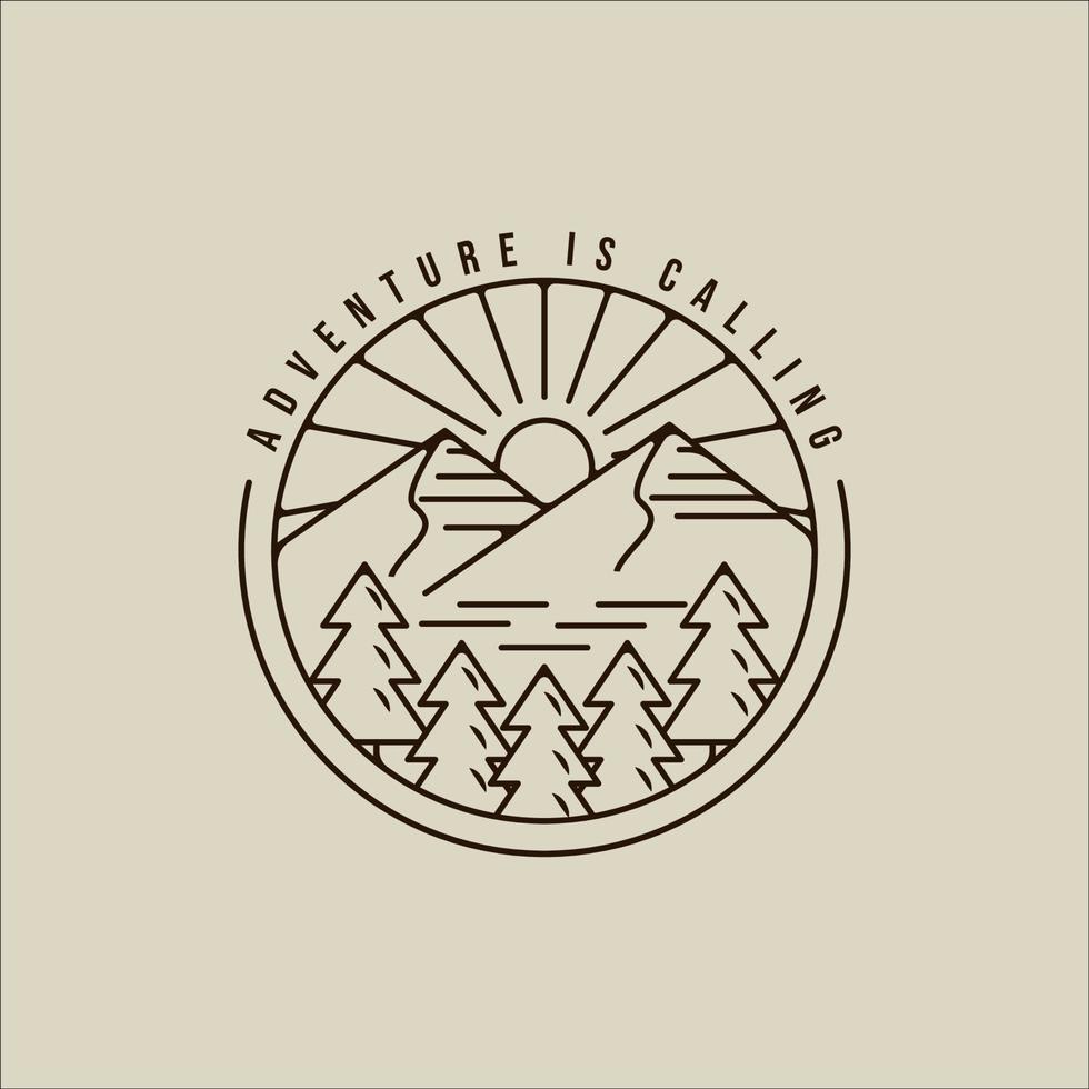 mountain and pines logo line art simple minimalist vector illustration template icon graphic design. adventure and outdoors sign or symbol for travel company with badge and typography