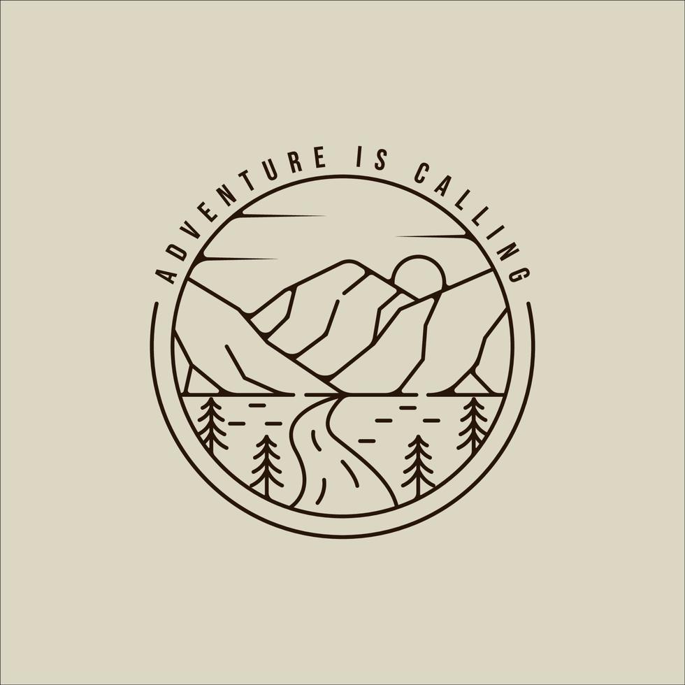 mountain and pines logo line art simple minimalist vector illustration template icon graphic design. adventure and outdoors sign or symbol for travel company with badge and typography