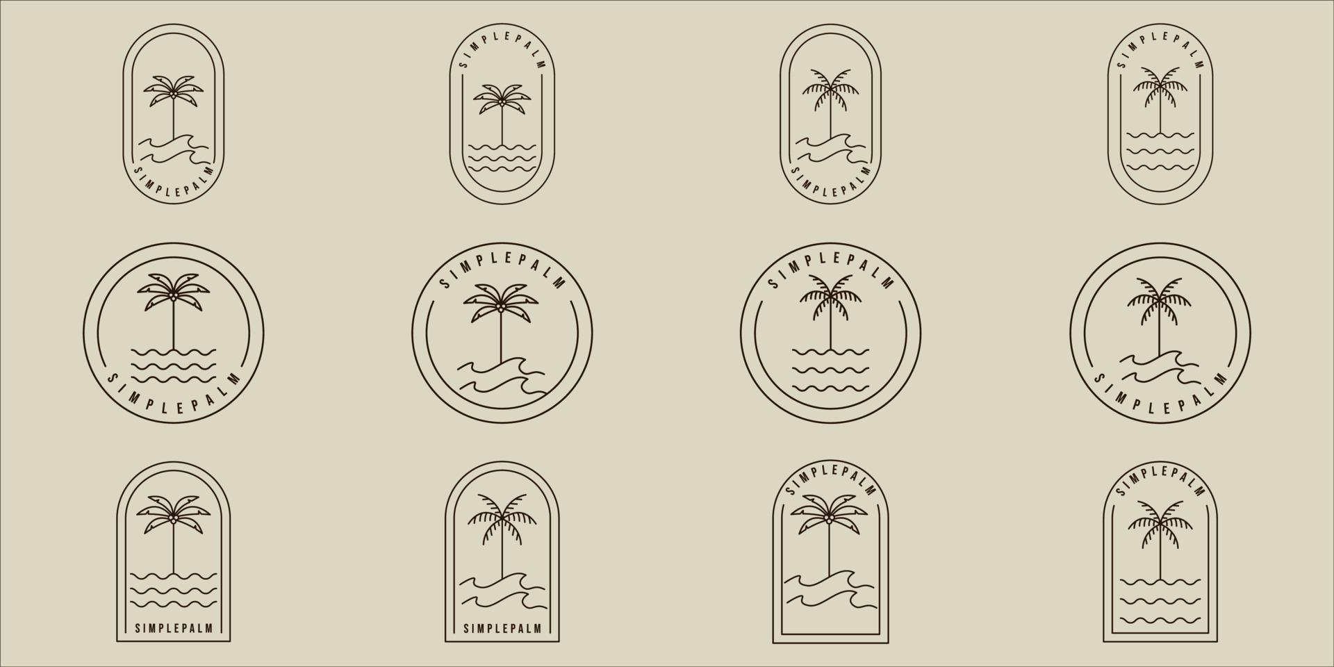 conjunto de diseño gráfico de icono de plantilla de ilustración minimalista de vector de arte de línea de palmera simple. colección de paquetes de varios signos o símbolos de islas y playas para viajes o negocios de aventura con placa