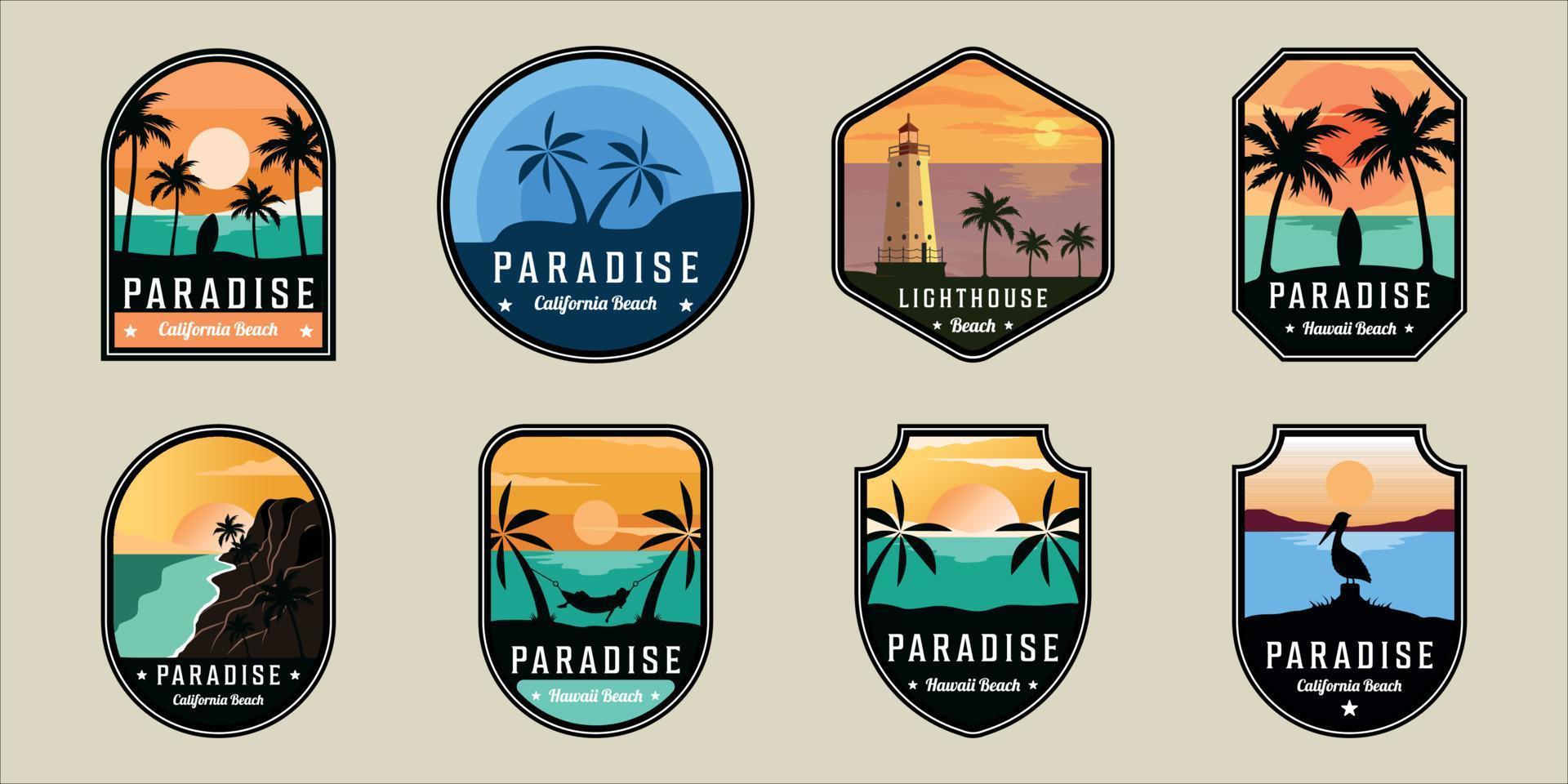 conjunto de playa o isla emblema logo moderno vintage vector ilustración plantilla icono diseño gráfico. colección de paquetes de varios signos o símbolos de concepto de naturaleza para la aventura de viajes de negocios