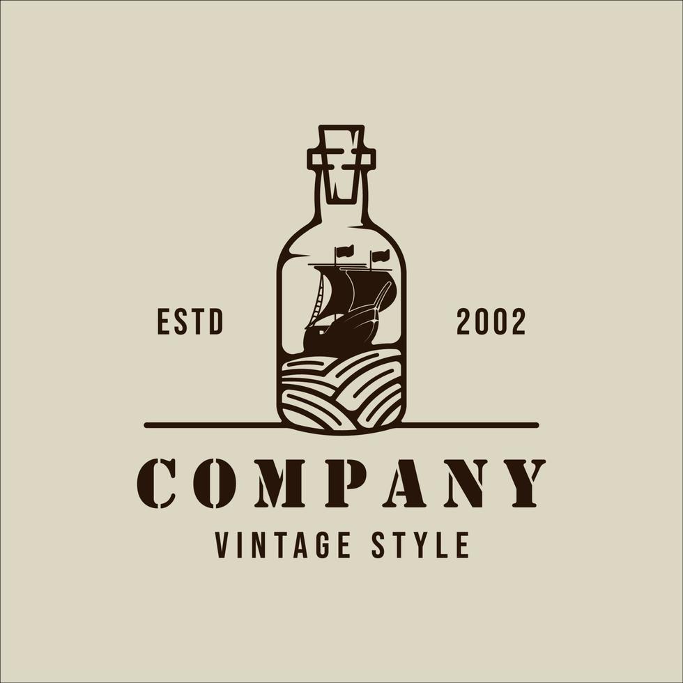 velero dentro de botella logo vintage vector ilustración plantilla icono diseño gráfico. Signo o símbolo de concepto en miniatura de velero retro para negocio de tienda y camiseta con estampado de viaje