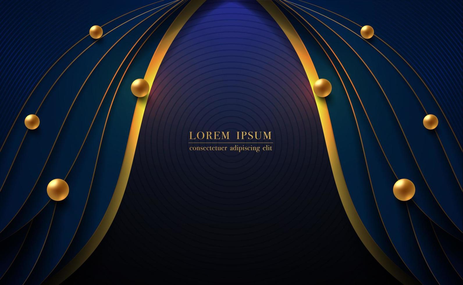 Abstract blue curve and gold lines on dark blue background. Decoration element with golden ball. Vector illustration