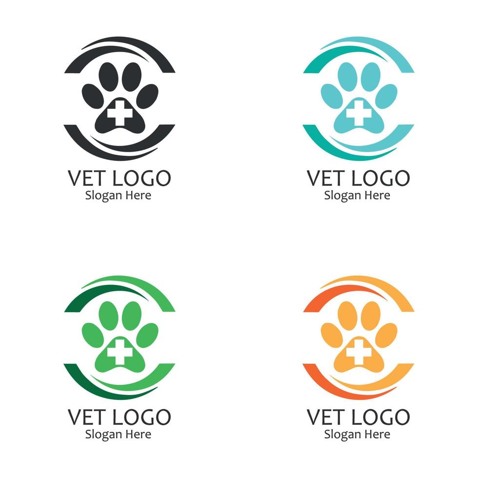 Set of veterinary logos with footprint design inside a circle vector