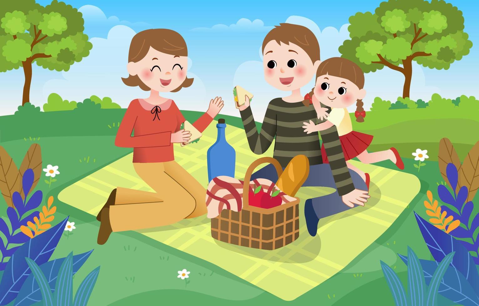 familia feliz haciendo un picnic vector