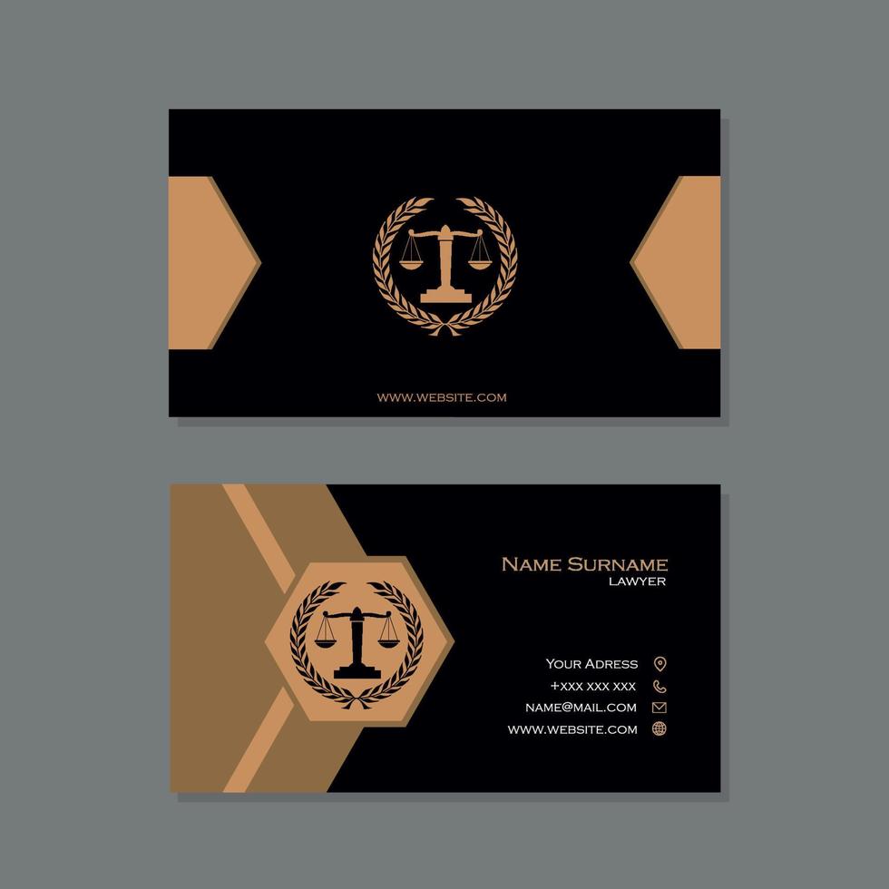 Elegant lawyer business card in gold and black color with scale of justice design vector