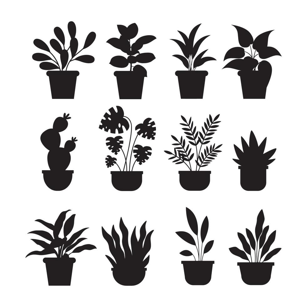 conjunto de siluetas de plantas en maceta vector