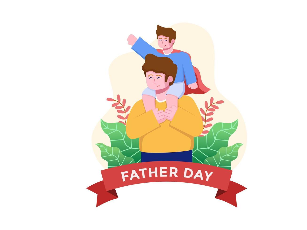 vector de ilustración del día del padre feliz con un padre cargando a su hijo y su hijo usando una capa de superhéroe. se puede utilizar para web, postal, tarjeta de felicitación, impresión, banner, etc.